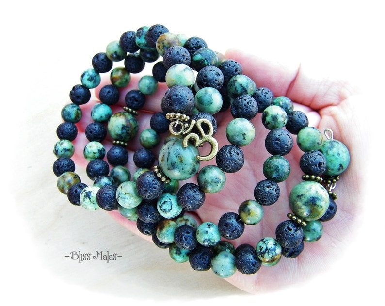 108 Mala Bracelet African Turquoise Gemstones Spiritual Jewelry Wrist Mala Prayer Beads AUM OM Charm Memory Wire Bracelet Lava Rock
