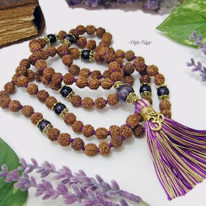 Mala Prayer Beads 108 Knotted | Rudraksha 5 Mukhi | Amethyst | Kriya Yoga | Paramhansa Yogananda | Kriyananda | Meditation | AUM Charm