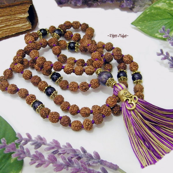 Mala Prayer Beads 108 Knotted | Rudraksha 5 Mukhi | Amethyst | Kriya Yoga | Paramhansa Yogananda | Kriyananda | Meditation | AUM Charm