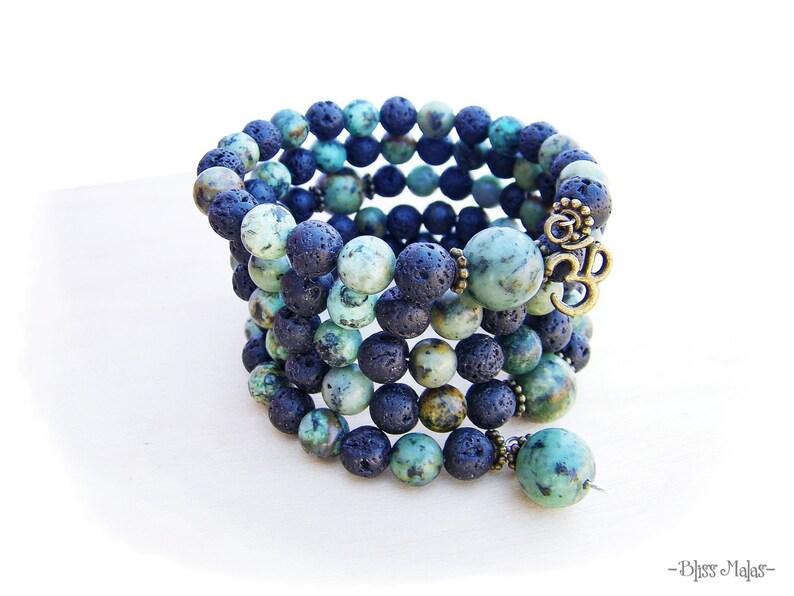 108 Mala Bracelet African Turquoise Gemstones Spiritual Jewelry Wrist Mala Prayer Beads AUM OM Charm Memory Wire Bracelet Lava Rock