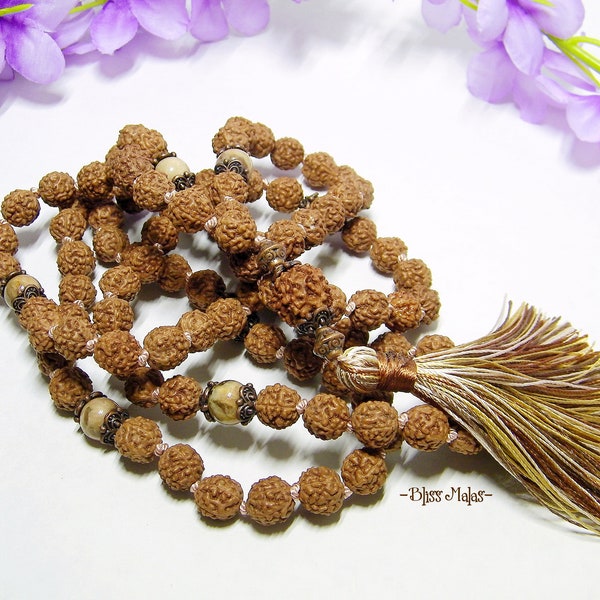 NEW! Mala Prayer Beads 108 Knotted | Rudraksha 5 Mukhi | Peach Moonstone | Kriya Yoga | Paramhansa Yogananda | Kriyananda | Meditation Gift