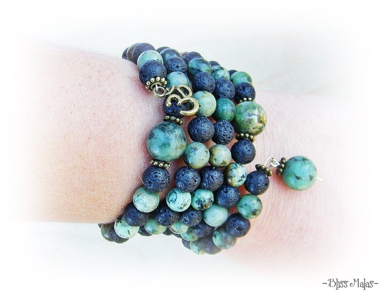 108 Mala Bracelet African Turquoise Gemstones Spiritual Jewelry Wrist Mala Prayer Beads AUM OM Charm Memory Wire Bracelet Lava Rock