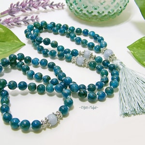 Blue Green Apatite & Aquamarine Mala Prayer Beads 108 Knotted | Yoga Meditation Beads Necklace | Spiritual Jewelry | Throat Chakra | Aura
