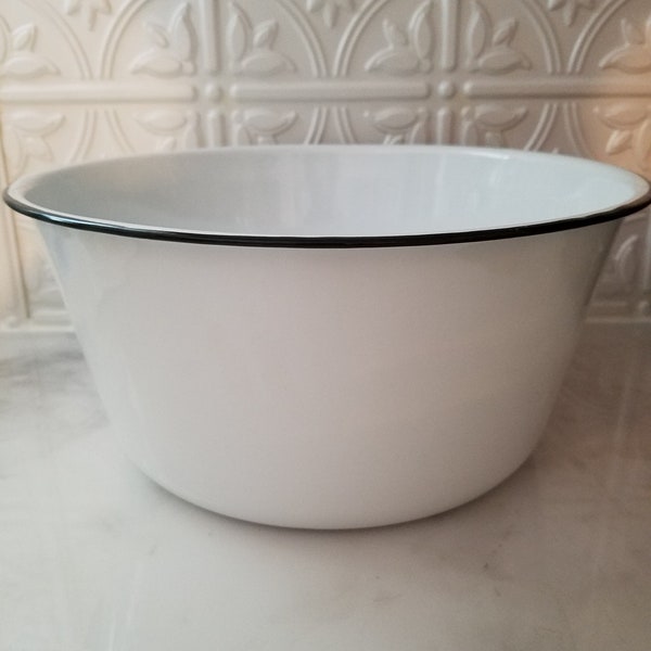 Large Black Rim White Enamelware Enamel Food Safe Bowl Farmhouse Farm Style