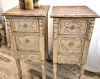 Beautiful Pair of Antique Farmhouse Tall Narrow Nightstands End Tables Side Tables