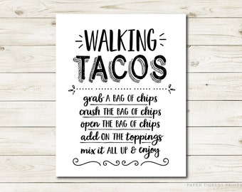 Walking Tacos Taco Bar Taco Sign, Fiesta Walking Tacos Sign, Cinco de Mayo Birthday Graduation Printable Rustic Chalkboard Signs