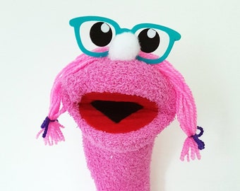 Girl Sock Puppet with glasses - Hand Puppet with moving mouth  fun & education