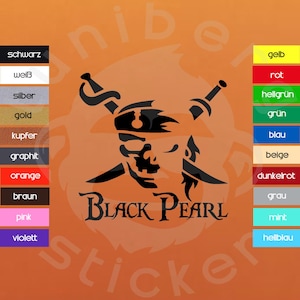 Könnte beinhalten: Schwarz-weiße Silhouette eines Piratenkopfes mit gekreuzten Schwertern und dem Text "BLACK PEARL". Das Bild ist auf einem orangen Hintergrund mit Farbmustern für verschiedene Farben.