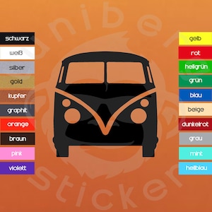 Op de afbeelding: Zwarte silhouet van een vintage Volkswagen bus met afgeronde koplampen en een V-vormige grille. De bus staat op een effen oranje achtergrond met kleurstalen voor verschillende kleuren.