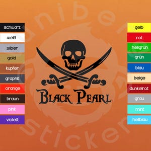Könnte beinhalten: Schwarz-weißer Sticker mit Totenkopf und gekreuzten Knochen mit dem Text "BLACK PEARL".