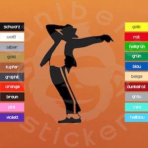 Könnte beinhalten: Eine schwarze Silhouette einer Person in Tanzpose, mit einem Arm erhoben und dem anderen ausgestreckt. Der Hintergrund ist orange mit dem Wort "Sticker" und Farbmustern in Deutsch.