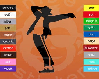May include: A black silhouette of a person in a dance pose, with one arm raised and the other extended. The background is orange with the word "Sticker" and color swatches in German.