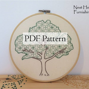 May include: An embroidery hoop with a tree design. The tree has a brown trunk and branches, with a green geometric pattern for the leaves. The text "PDF Pattern" is overlaid on the image. The background is a cream-coloured fabric.