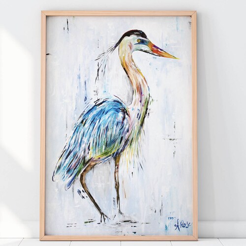 Heron Bird Art Print Great Blue Heron Painting Coastal Bird Etsy