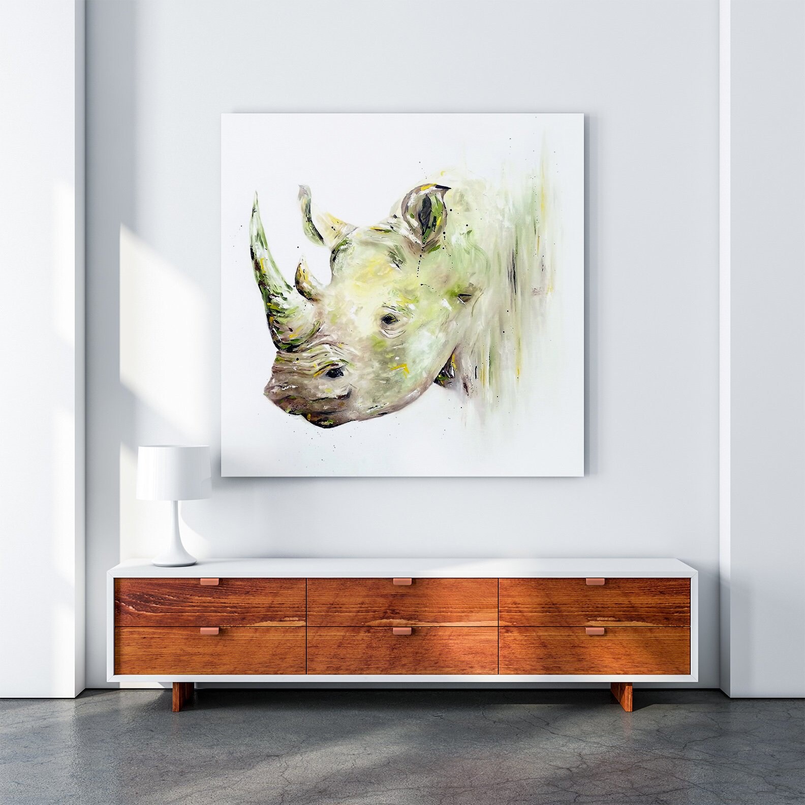 Peinture de Rhinocéros, Art Moderne, Mural sur Grande Toile, Décor d'animal Safari, Impression Rhino