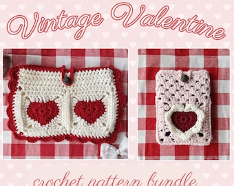 Puede incluir: Un paquete de patrones de crochet con dos diseños temáticos de San Valentín. Uno es un bolsillo en forma de corazón blanco y rojo con cierre de botón. El otro es una funda de teléfono rosa con un corazón recortado. El texto "Vintage Valentine" y "crochet pattern bundle".