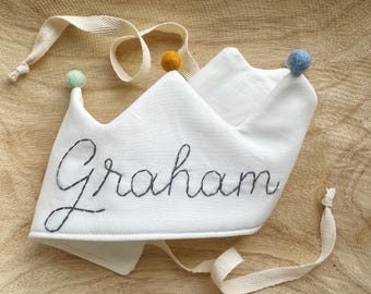 White Hand Embroidered First Birthday Crown for Kids, Neutral Personalized Keepsake Gift | Bespoke Monogrammed Milestone Crown