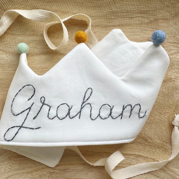 White Hand Embroidered First Birthday Crown for Kids, Neutral Personalized Keepsake Gift | Bespoke Monogrammed Milestone Crown
