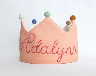 Peach Personalized First Birthday Crown, Custom Name Party Hat, Adjustable for Baby, Toddler, Kids, Hand Embroidered Headband