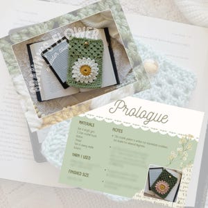 May include: A crochet pattern for a granny square flower e-reader cover. The cover is green with a white daisy flower in the center. The pattern includes materials, notes, and yarn information.