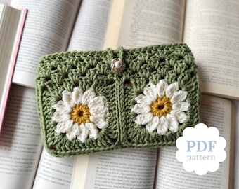 Crochet Book Cover PDF Pattern | Daisy Granny Square Crochet Pattern for E-Reader | Kindle Book Sleeve with Daisy Flower