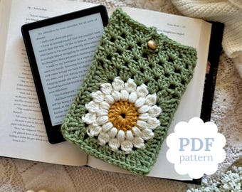 Crochet Kindle Cover Pattern PDF | Daisy Granny Square Crochet Pattern for E-Reader | Granny Square Kindle Book Sleeve with Flower