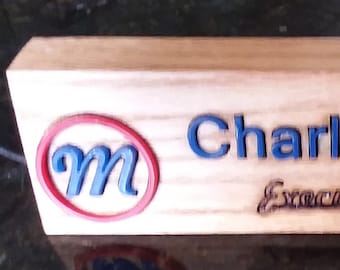 Personalized Oak NAME PLATE BAR Desk with Raised Acrylic letters Natural Oil Finish