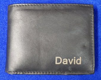 Personalized, Genuine Black Leather, Engraved Laser, Bifold Wallet Men's Free Gift Box and Shipping