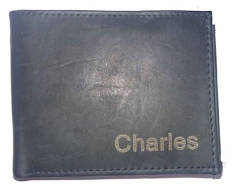 Personalized, Genuine Leather, Engraved by Laser, Bi-fold Black Wallet Men's