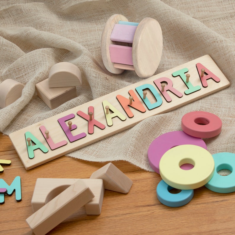 Personalized Wooden Name Puzzle with Pegs Montessori Baby image 0