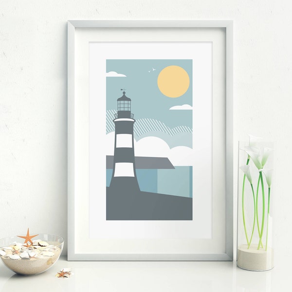 Plymouth Hoe, Devon Coastal Print, England UK, travel poster, lighthouse illustration, summer holidays, coastal art