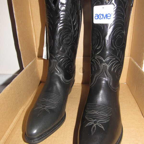 Women Acme Cowboy Boots Black Leather Cowboy Heel size 7.5 Round Toe Style