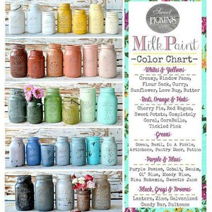 Pu&ograve; includere: Una cartella colori per pittura a latte con vari colori mostrati in barattoli di vetro. I colori sono organizzati per categoria: Bianchi e Gialli, Rossi, Arancione e Rosa, Verdi, Viola e Blu, e Nero, Grigio e Marrone. La cartella include i nomi di ogni colore, come Cremoso, Vetro, Torta di Ciliegie, Carro Rosso, Oceano, Basilico, Mazzi di Viole, Cobalto, Lanterna, Zinco e Galvanizzato.