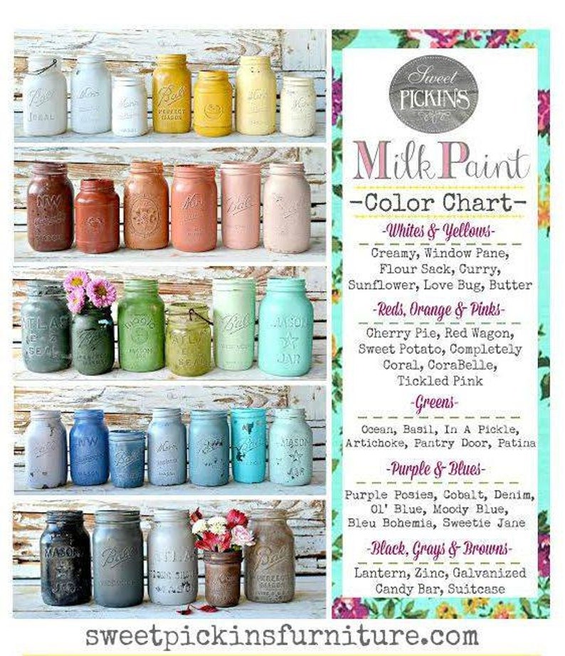 Pu&ograve; includere: Una cartella colori per pittura a latte con vari colori mostrati in barattoli di vetro. I colori sono organizzati per categoria: Bianchi e Gialli, Rossi, Arancione e Rosa, Verdi, Viola e Blu, e Nero, Grigio e Marrone. La cartella include i nomi di ogni colore, come Cremoso, Vetro, Torta di Ciliegie, Carro Rosso, Oceano, Basilico, Mazzi di Viole, Cobalto, Lanterna, Zinco e Galvanizzato.