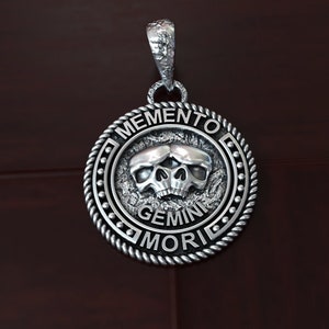Mens 925 Solid Sterling Silver Gemini Zodiac Pendant Skull Memento Moris Silver Pendant