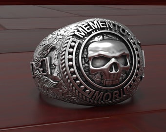 Mens 925 Silver Skull Ring. Memento Mori solid silver ring. Oxidized Silver skull ring.