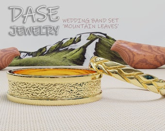 Gold wedding band set. Solid 14k gold wedding ring set for men women. Mountain Leaves.