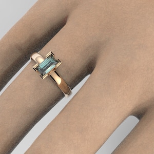 Anel de ouro 14k maciço com safira verde azulada natural não aquecida e não tratada de 1,05 ct