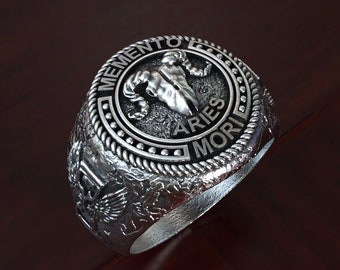 Mens 925 Silver Aries Zodiac Ring. Memento Mori solid silver skull ring. Oxidized Silver skull ring.