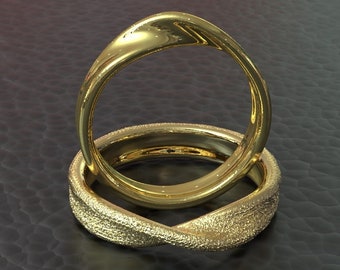 Heavy Gold Mobius Wedding Band set. His and Hers Mobius Ring Set made of 14k Rose Gold. Brushed Mobius wedding ring set