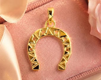 Solid Gold Horseshoe Pendant, 14K Yellow White Rose Gold Lucky Charm Necklace