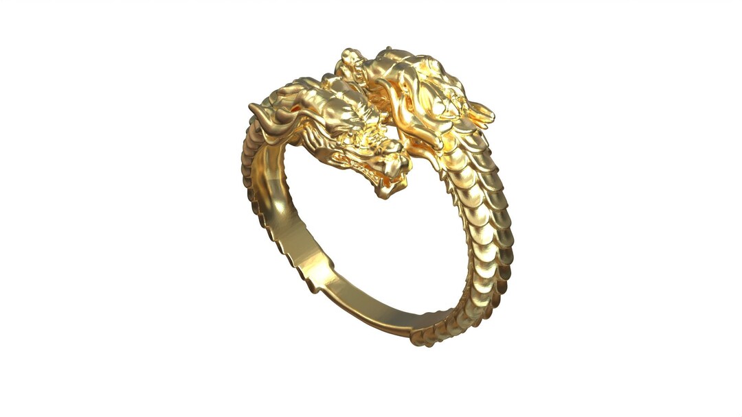 Solid Gold Dragon Ring. Adjustable Dragon Head Gold Band. Mens Gold