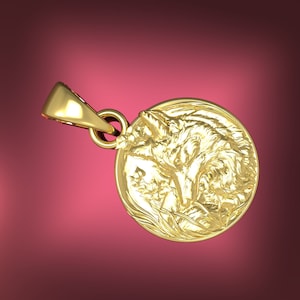 Solid 10K 14K Wolf Pendant Yellow, White, Rose Gold Wolf in the forest charm oval medallion