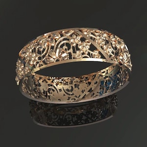 10K 14K Solid Gold Floral Ring - Wide Botanical Band for Women - Nature Jewelry - Handmade Gold Ring Gift