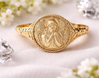 Angel Signet Ring: 10K 14K Solid Gold Cherub Religious Jewelry