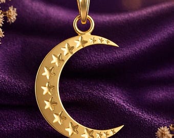 Dainty  Star Moon Necklace, Celestial Crescent Pendant, Solid 10 K-14 K Gold