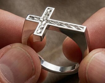 Sterling Silver Cross Ring, Minimalist Religious Band, CZ Detail Christian Jewelry