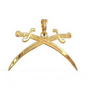 Mens solid gold pendant. 14k gold sword pendant. Golden pirate swords charm.