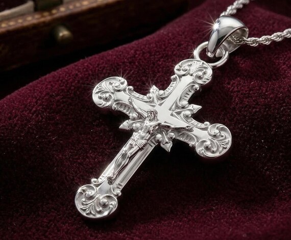 Sterling Silver 925 Crucifix Pendant: Detailed Vintage Style Jesus 