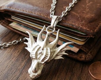 925 Sterling Silber Drachenkopf Anhänger Halskette - Gothic Fantasy Drachen Anhänger mit Kette